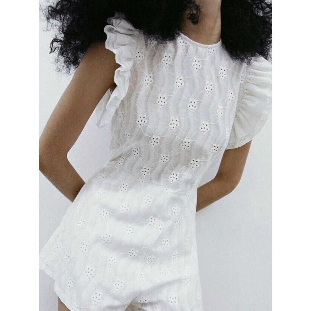 NEW ZARA Womens Small White Eyelet Ruffle Romper Jumper